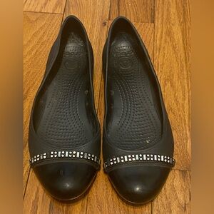 Women's Crocs Patent Cap Toe Rhinestone Rubber‎ Flats Black Size 8